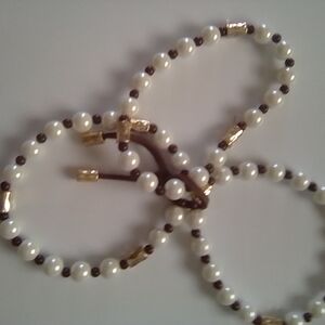 Premier Designs White Pearl and Brown Accent Necklace with Gold Tone Spacers